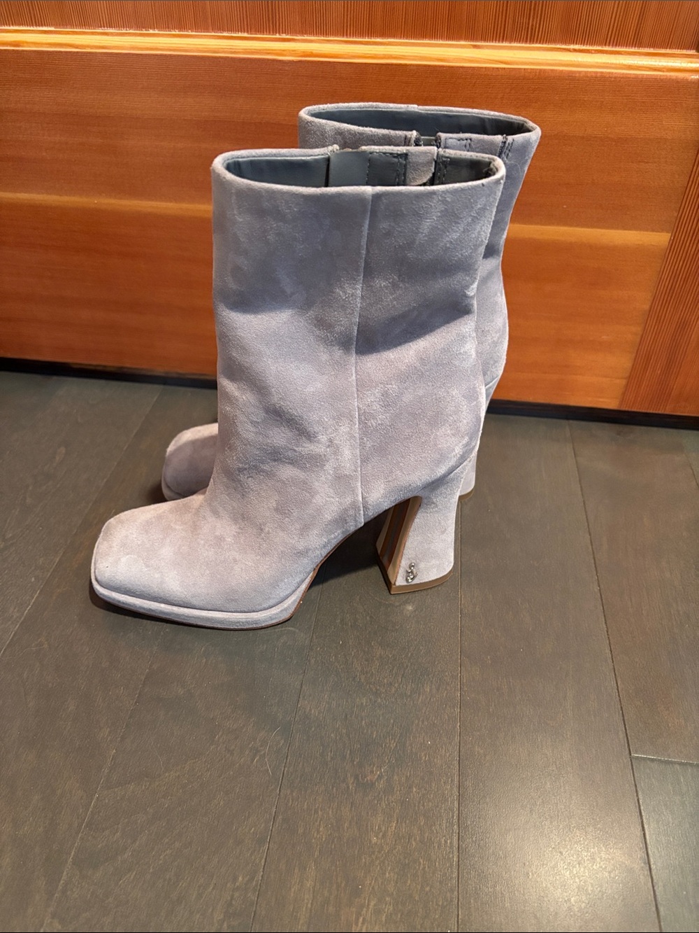 Sam Edelman Light Gray Suede Mid-Calf Block Heel Boots